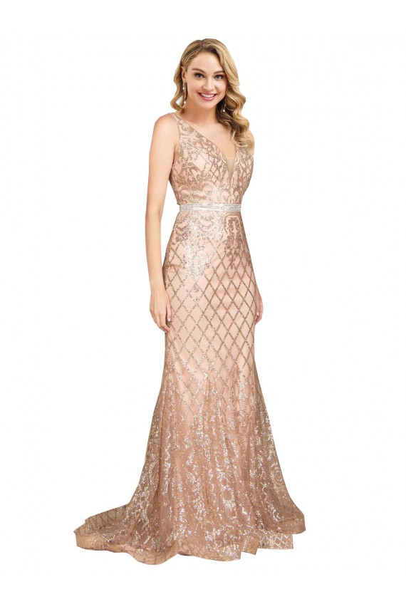 Fábrica de Costas em V Lantejoulas & Lantejoulas Espumantes Decote V Comprimento Chão Sem Mangas Sereia Vestidos de Madrinha / Vestidos de Noite / Vestidos de Festa