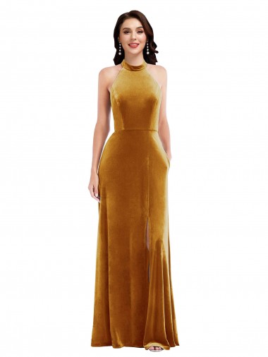 Fábrica de Buraco da fechadura Veludo Elástico Cabeçada Comprimento Chão Sem Mangas Vestidos de Madrinha / Vestidos de Festa