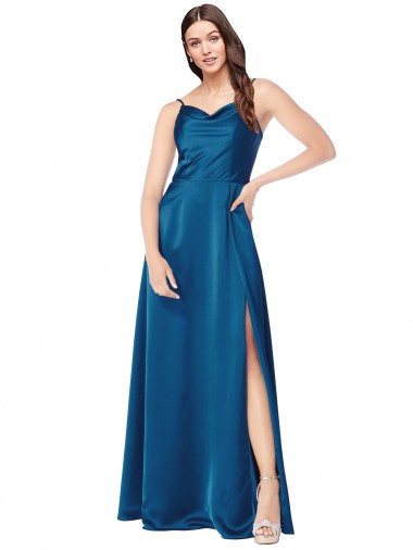 Fábrica de Lombar Cetim Sedoso Alças finas Comprimento Chão Sem Mangas Pavão Azul Vestidos de Madrinha / Vestidos de Noite / Vestidos de Festa