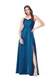 Fábrica de Lombar Cetim Sedoso Alças finas Comprimento Chão Sem Mangas Pavão Azul Vestidos de Madrinha / Vestidos de Noite / Vestidos de Festa