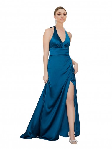 Fábrica de Abrir de volta Cetim Sedoso Cabeçada Comprimento Chão Sem Mangas Longo Vestidos de Madrinha / Vestidos de Noite / Vestidos de Festa