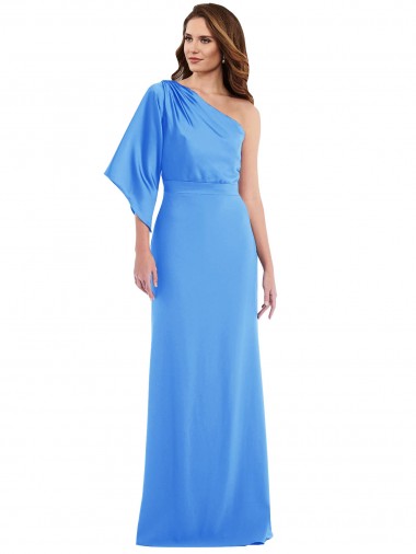 Fábrica de Crepe Esticado Um Ombro Comprimento Chão Mangas Sino Vestidos de Madrinha / Vestidos de Festa