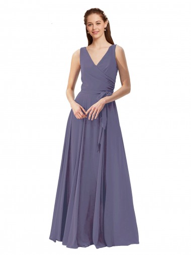 Fábrica de Chiffon Decote V Comprimento Chão Sem Mangas Pedra Prateada Vestidos de Madrinha