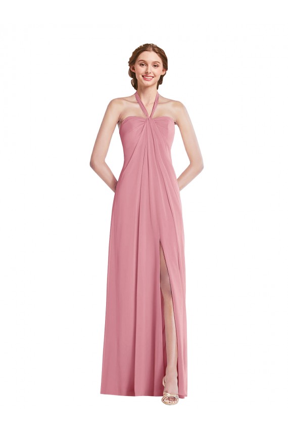 Fábrica de Abrir de volta Chiffon Cabeçada Comprimento Chão Sem Mangas Linha A Longo Vestidos de Madrinha