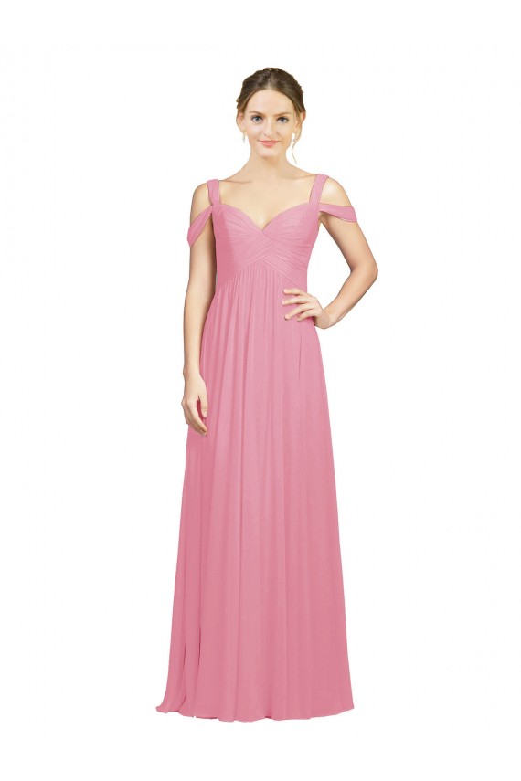 Fábrica de Chiffon Fora do Ombro Comprimento Chão Sem Mangas Pele Rosa Vestidos de Madrinha
