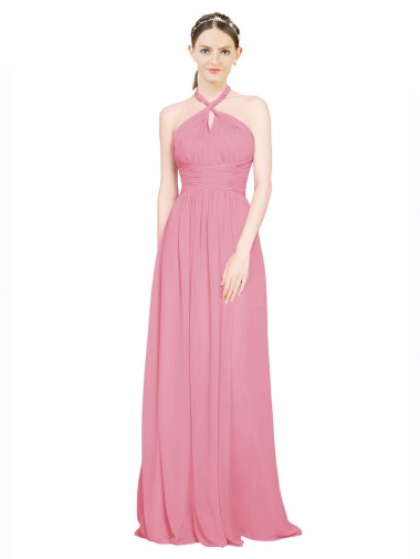 Fábrica de Chiffon Cabeçada Comprimento Chão Sem Mangas Pele Rosa Vestidos de Madrinha
