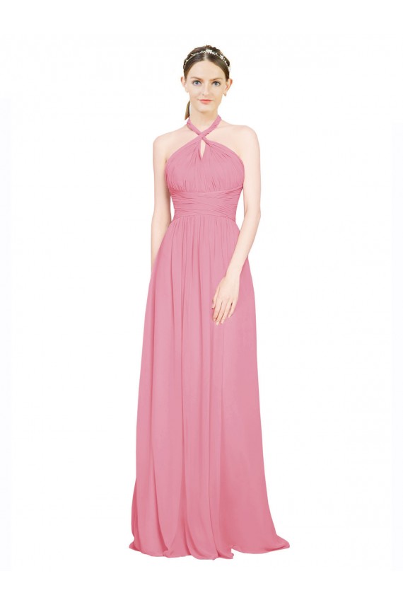 Fábrica de Chiffon Cabeçada Comprimento Chão Sem Mangas Pele Rosa Vestidos de Madrinha