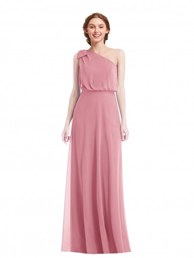 Fábrica de Chiffon Um Ombro Comprimento Chão Sem Mangas Pele Rosa Vestidos de Madrinha