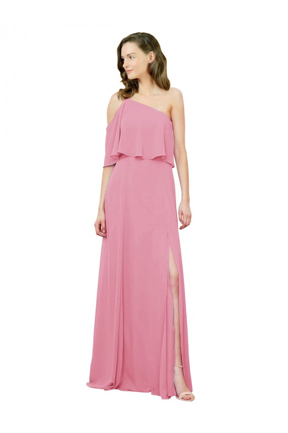 Fábrica de Chiffon Um Ombro Comprimento Chão Sem Mangas Vestidos de Festa