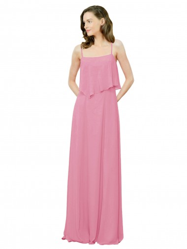 Fábrica de Chiffon Alças finas Comprimento Chão Sem Mangas Pele Rosa Vestidos de Madrinha