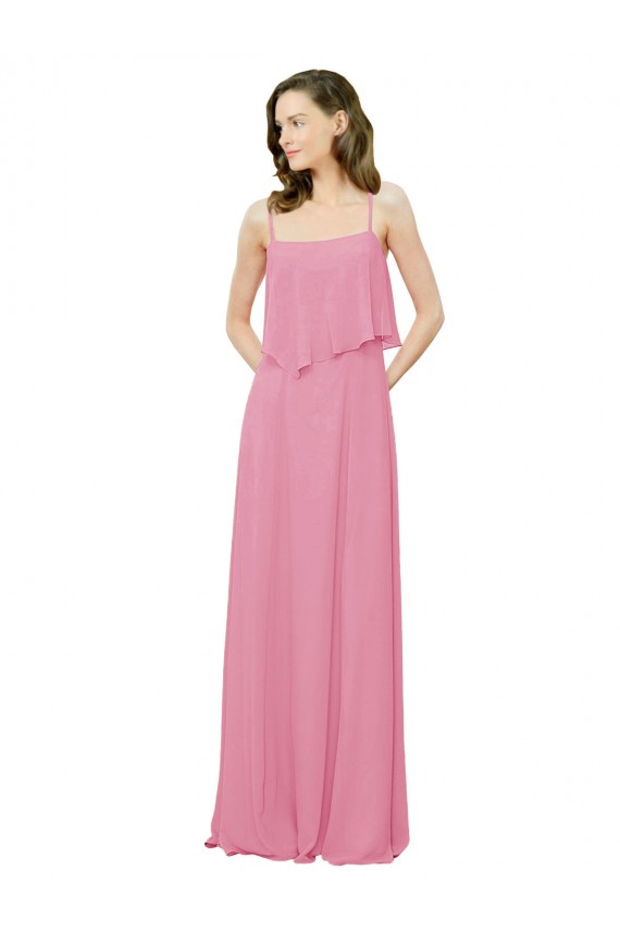 Fábrica de Chiffon Alças finas Comprimento Chão Sem Mangas Pele Rosa Vestidos de Madrinha