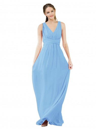 Fábrica de Chiffon Decote V Comprimento Chão Sem Mangas Pervinca Vestidos de Madrinha