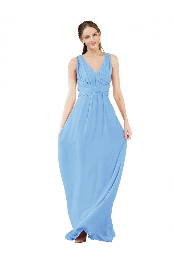 Fábrica de Chiffon Decote V Comprimento Chão Sem Mangas Pervinca Vestidos de Madrinha