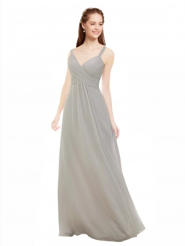 Fábrica de Criss Cruz Chiffon Alças finas Comprimento Chão Sem Mangas Prata Vestidos de Madrinha