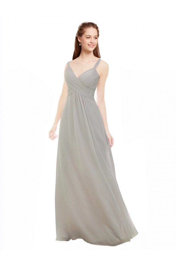 Fábrica de Criss Cruz Chiffon Alças finas Comprimento Chão Sem Mangas Prata Vestidos de Madrinha