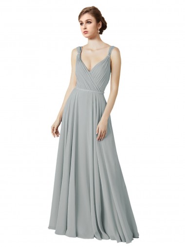 Fábrica de Chiffon Decote V Comprimento Chão Sem Mangas Prata Vestidos de Madrinha