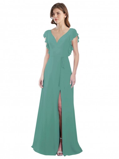 Fábrica de Costas em V Chiffon Decote V Comprimento Chão Mangas Curtas Vestido de Madrinha