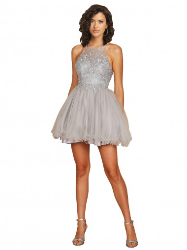 Fábrica de Criss Cruz Tule Cabeçada Curto Sem Mangas Vestidos de Madrinha / Vestidos de Cocktail / Vestidos de Homecoming