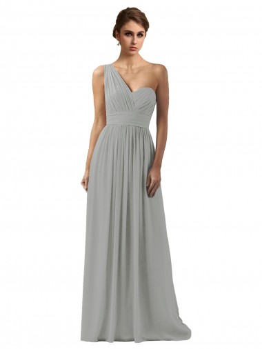 Fábrica de Chiffon Um Ombro Comprimento Chão Sem Mangas Prata Vestidos de Madrinha