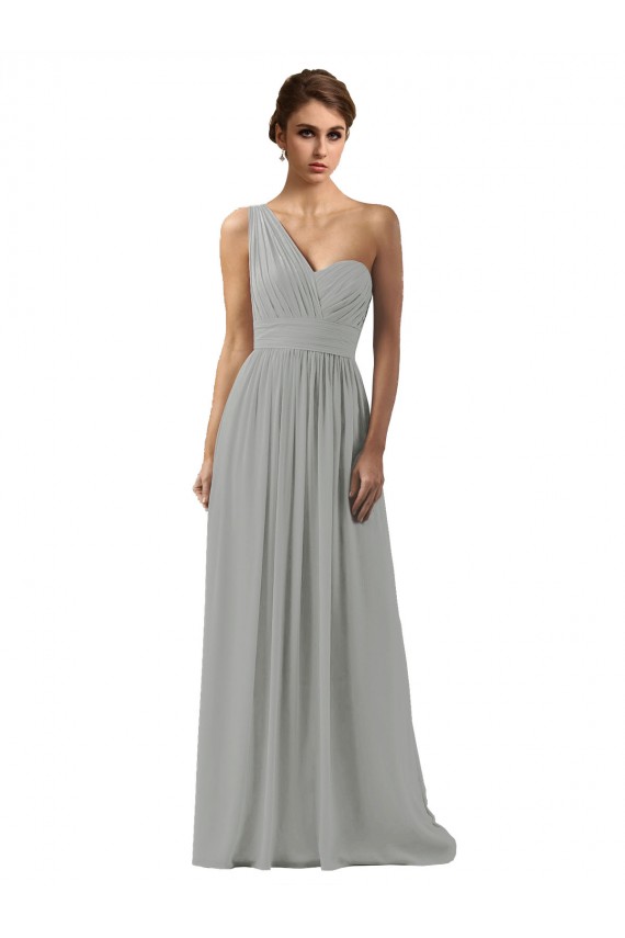 Fábrica de Chiffon Um Ombro Comprimento Chão Sem Mangas Prata Vestidos de Madrinha