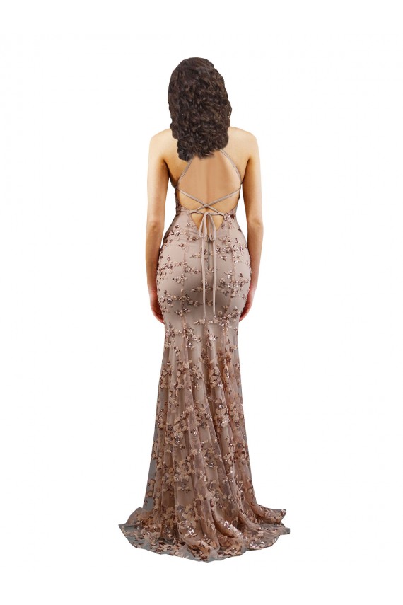 Fábrica de Abrir de volta Crepe Esticado & Lantejoulas Tule Decote V Comprimento Chão Sem Mangas Vestidos de Madrinha / Vestidos de Noite / Vestidos de Festa