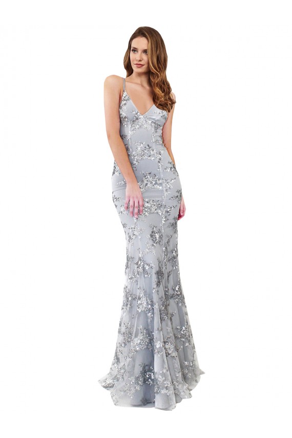 Fábrica de Abrir de volta Crepe Esticado & Lantejoulas Tule Decote V Comprimento Chão Sem Mangas Longo Vestidos de Madrinha / Vestidos de Noite / Vestidos de Festa