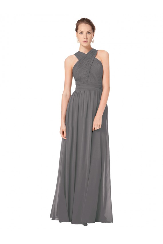 Fábrica de Buraco da fechadura Chiffon Cabeçada Comprimento Chão Sem Mangas Prata Tempestuosa Vestidos de Madrinha