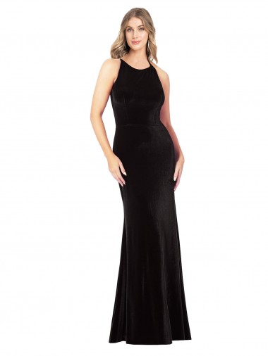 Fábrica de Criss Cruz Veludo Elástico Alças finas Comprimento Chão Sem Mangas Longo Vestidos de Madrinha / Vestidos de Noite / Vestidos de Festa