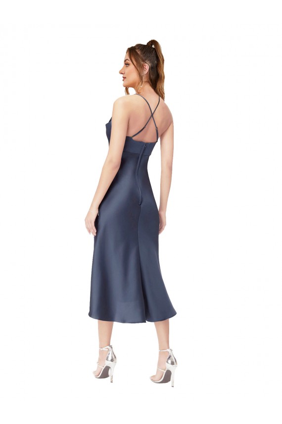 Fábrica de Criss Cruz Cetim Sedoso Decote Capuz Comprimento Midi Sem Mangas Bainha Vestidos de Madrinha / Vestidos de Noite / Vestidos de Festa