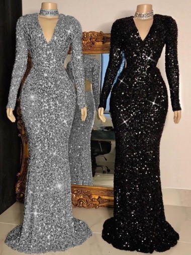 Fábrica de Lantejoulas Veludo Decote V Comboio Varredela Mangas Compridas Vestidos de Festa