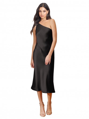 Fábrica de Cetim Elástico Um Ombro Comprimento Midi Sem Mangas Vestidos de Madrinha / Vestidos de Noite / Vestidos de Festa