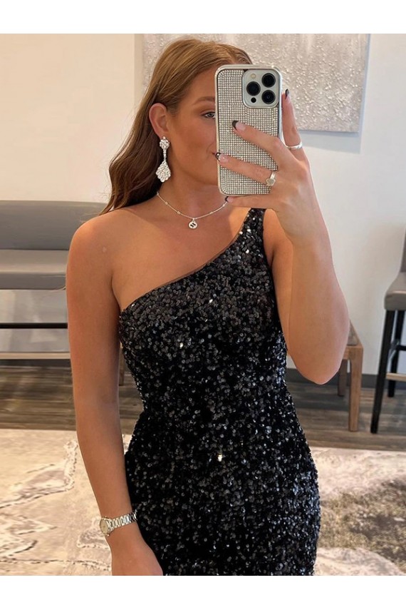 Fábrica de Lantejoulas Veludo Um Ombro Curto Sem Mangas Preto Vestidos de Festa