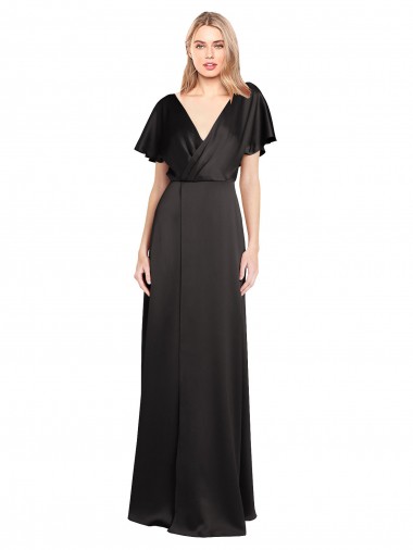 Fábrica de Abrir de volta Cetim Elástico Decote V Comprimento Chão Mangas Curtas Vestidos de Madrinha / Vestidos de Noite / Vestidos de Festa