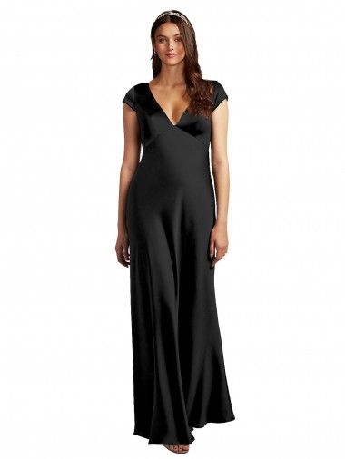 Fábrica de Buraco da fechadura Cetim Elástico Decote V Comprimento Chão Mangas Curtas Vestidos de Madrinha / Vestidos de Noite / Vestidos de Festa