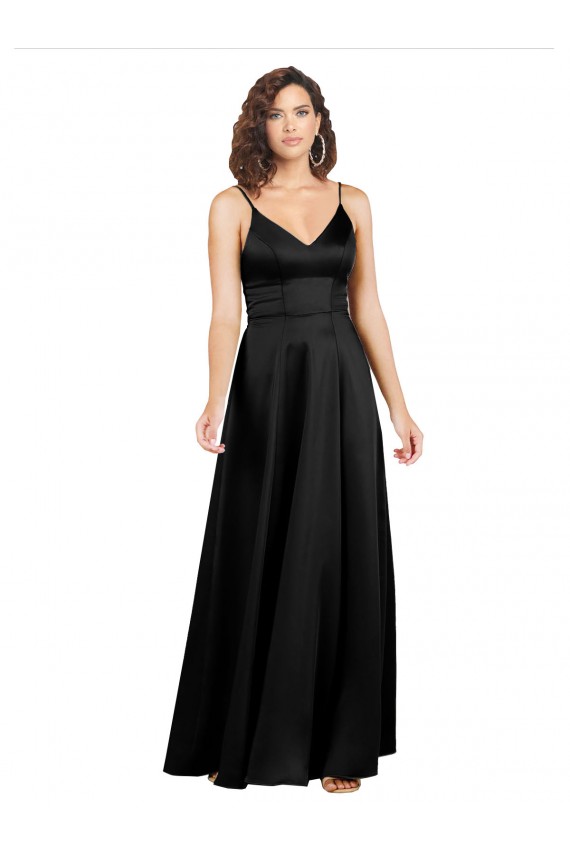 Fábrica de Costas em V Cetim Sedoso Decote V Comprimento Chão Sem Mangas Preto Vestidos de Madrinha / Vestidos de Noite / Vestidos de Festa