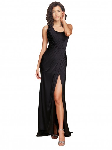 Fábrica de Cetim Sedoso Um Ombro Comprimento Chão Sem Mangas Vestidos de Madrinha / Vestidos de Noite / Vestidos de Festa