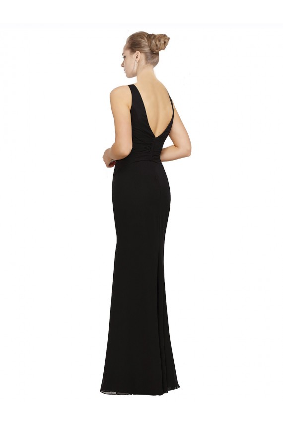 Fábrica de Chiffon Decote V Comprimento Chão Sem Mangas Bainha Vestidos de Festa