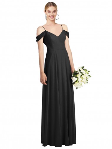 Fábrica de Chiffon Alças finas Comprimento Chão Ombro Frio Linha A Vestidos de Madrinha