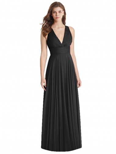 Fábrica de Criss Cruz Chiffon Decote V Comprimento Chão Sem Mangas Preto Vestidos de Madrinha