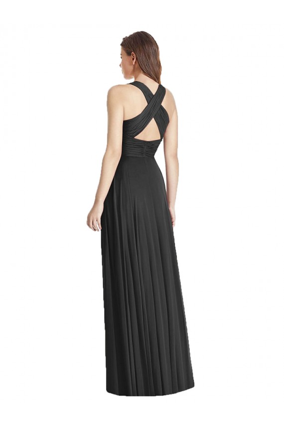 Fábrica de Criss Cruz Chiffon Decote V Comprimento Chão Sem Mangas Preto Vestidos de Madrinha