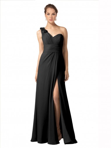 Fábrica de Chiffon Um Ombro Comprimento Chão Sem Mangas Longo Vestidos de Festa / Vestidos de Madrinha