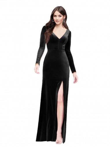 Fábrica de Costas em V Veludo Elástico Decote V Comprimento Chão Mangas Compridas Vestidos de Madrinha / Vestidos de Noite / Vestidos de Festa