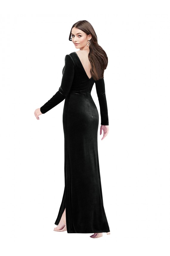 Fábrica de Costas em V Veludo Elástico Decote V Comprimento Chão Mangas Compridas Vestidos de Madrinha / Vestidos de Noite / Vestidos de Festa
