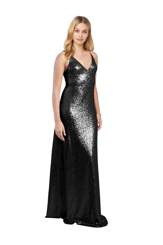 Fábrica de Costas em V Lantejoulas Alças finas Comprimento Chão Sem Mangas Vestidos de Madrinha / Vestidos de Noite / Vestidos de Festa