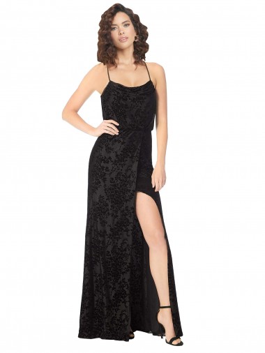 Fábrica de Criss Cruz Veludo Floral & Veludo Elástico Alças finas Comprimento Chão Sem Mangas Vestidos de Madrinha
