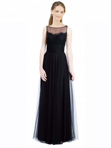 Fábrica de Lombar Tule & Renda Barco Comprimento Chão Sem Mangas Vestidos de Madrinha
