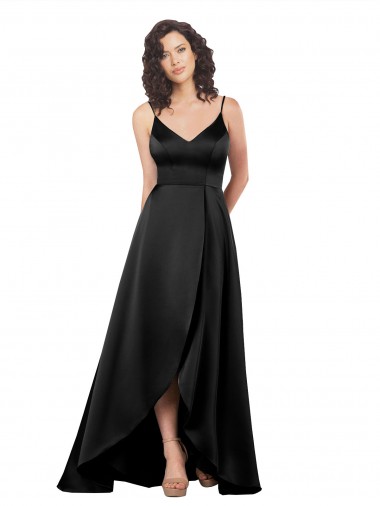 Fábrica de Costas em V Cetim Sedoso Decote V Comprimento Chão Sem Mangas Preto Longo Vestidos de Madrinha / Vestidos de Noite / Vestidos de Festa