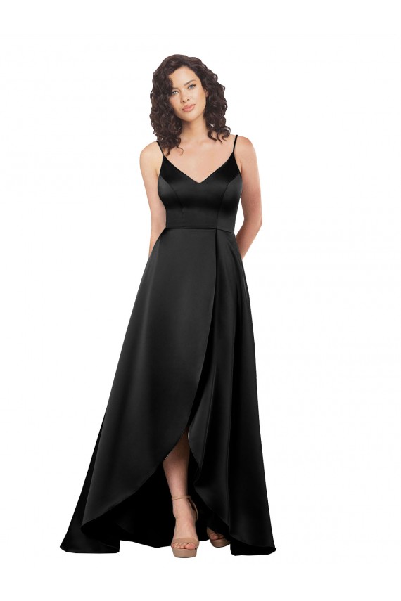 Fábrica de Costas em V Cetim Sedoso Decote V Comprimento Chão Sem Mangas Preto Longo Vestidos de Madrinha / Vestidos de Noite / Vestidos de Festa