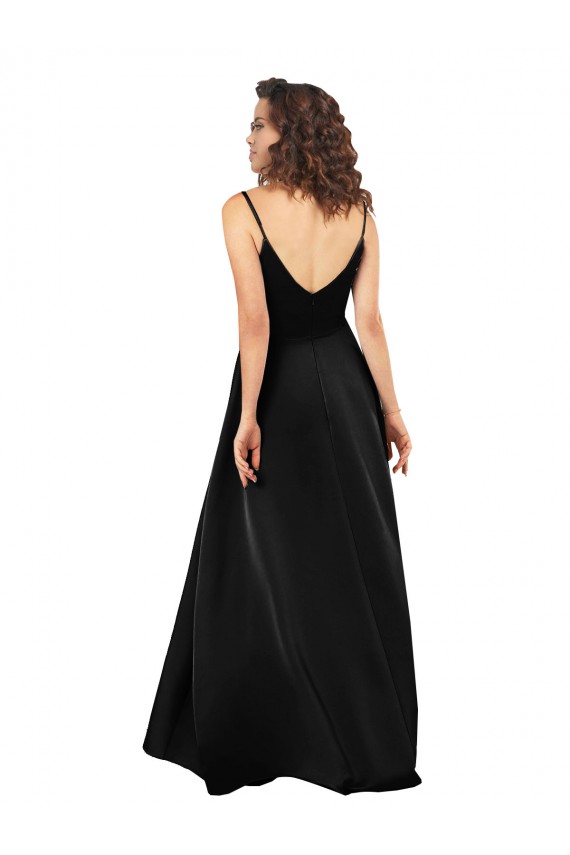 Fábrica de Costas em V Cetim Sedoso Decote V Comprimento Chão Sem Mangas Preto Longo Vestidos de Madrinha / Vestidos de Noite / Vestidos de Festa