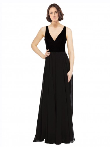 Fábrica de Costas em V Chiffon & Veludo Decote V Comprimento Chão Sem Mangas Vestidos de Madrinha / Vestidos de Festa